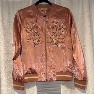 Mystree NWT Pink Floral Embroidered Silky Bomber Jacket